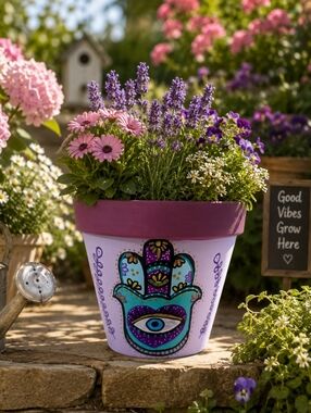 Hand-Painted Hamsa Evil Eye 6” Terracotta Planter Lavender & Teal